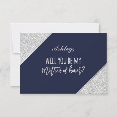 Silver glitter script navy be my matron of honor invitation