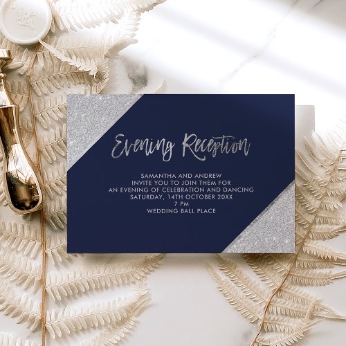 Silver glitter script navy blue evening reception enclosure card