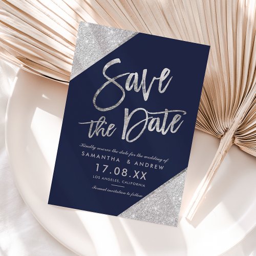 Silver glitter script navy blue save the date