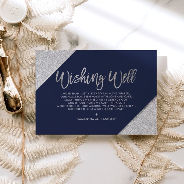 Silver glitter script navy blue wishing well enclosure card (Creator Uploaded)