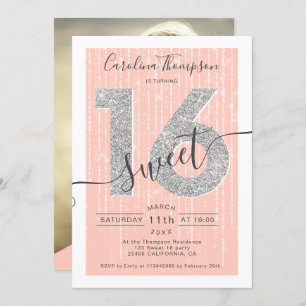 Silver glitter script peach Sweet 16 photo Invitation