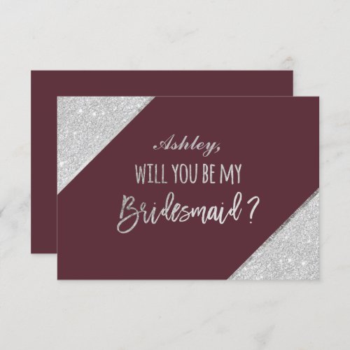 Silver glitter script red  be my bridesmaid invitation