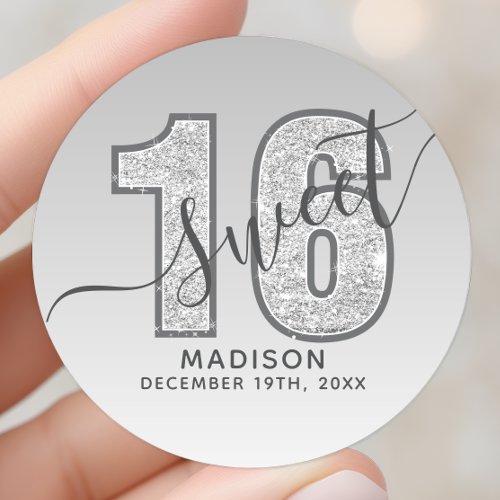 Silver Glitter Script Sweet 16 Birthday Classic Round Sticker