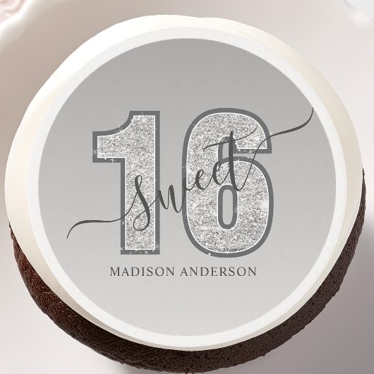 Silver Glitter Script Sweet 16 Birthday Edible Frosting Rounds