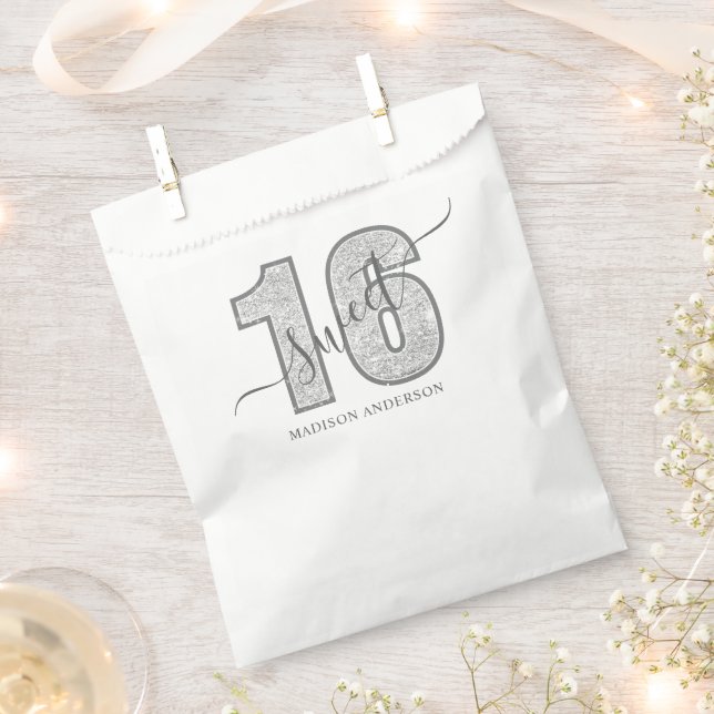 Silver Glitter Script Sweet 16 Birthday Favor Bag (Clipped)