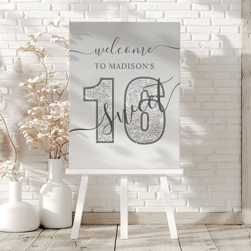 Silver Glitter Script Sweet 16 Birthday Welcome Foam Board