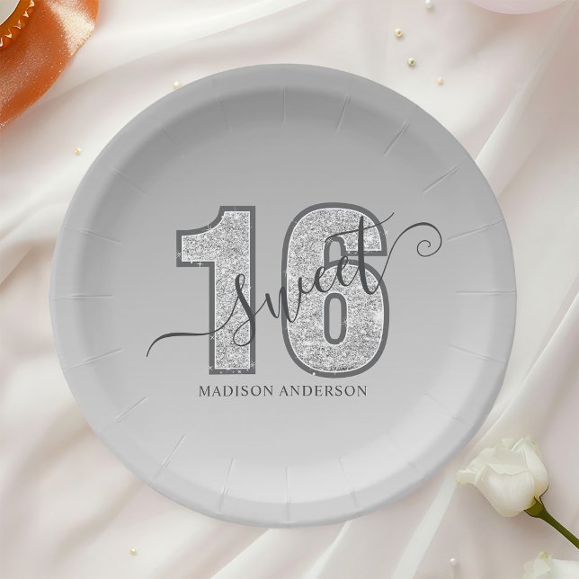Silver Glitter Script Sweet 16 Paper Plates (Creator Uploaded)