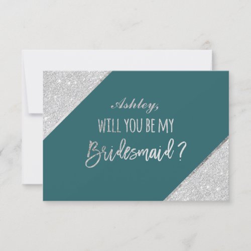 Silver glitter script teal be my bridesmaid invitation