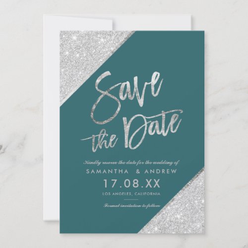 Silver glitter script teal green save the date