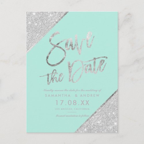 Silver glitter script turquoise save the date announcement postcard
