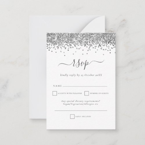 Silver Glitter Script Wedding RSVP Enclosure Note Card