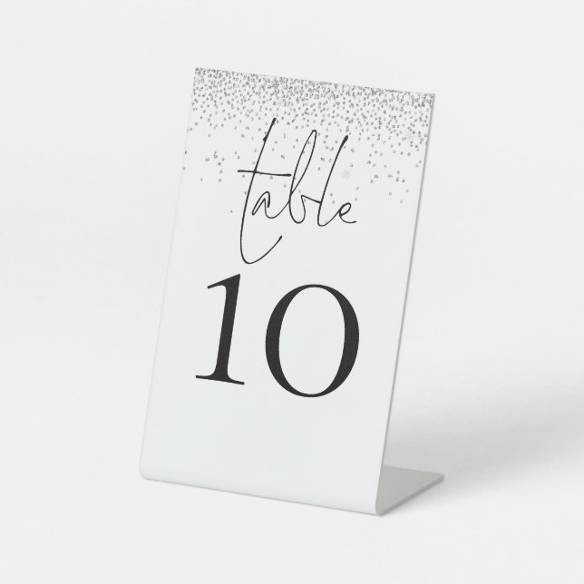 Silver Glitter Script Wedding Table Number  Pedestal Sign (Front)