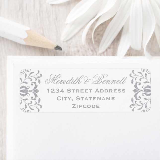 Silver Glitter Scrollwork Wedding Address Label (Insitu)