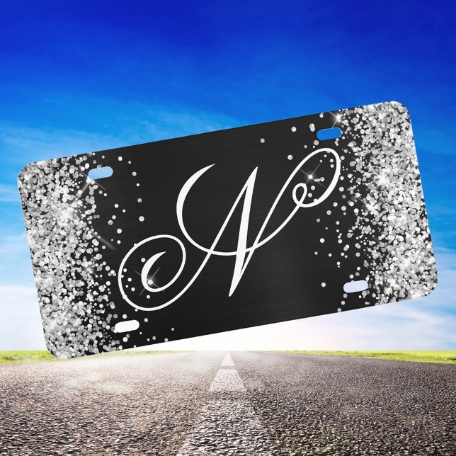 Silver Glitter Shiny Black Fancy Monogram License Plate (Silver Glitter and Black Monogrammed Decorative License Plate)
