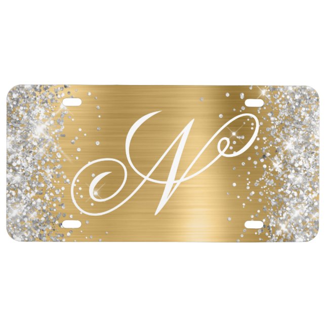 Silver Glitter Shiny Gold Fancy Monogram License Plate (Front)