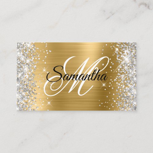 Silver Glitter Shiny Gold Foil Fancy Monogram Business Card