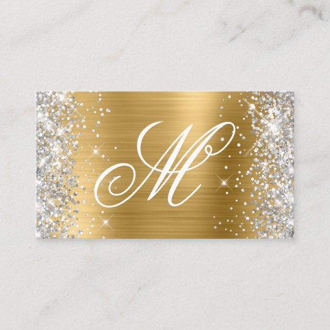 Silver Glitter Shiny Gold Foil Fancy Monogrammed Business Card (Front)