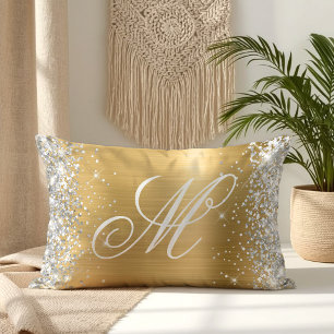 Silver Glitter Shiny Gold Foil Fancy Monogrammed Lumbar Pillow