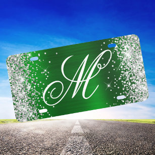 Silver Glitter Shiny Green Foil Fancy Monogram License Plate