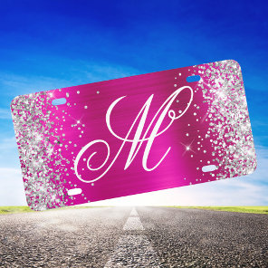 Silver Glitter Shiny Hot Pink Foil Fancy Monogram License Plate