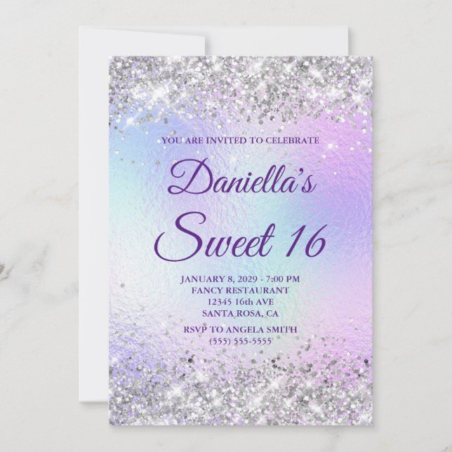 Silver Glitter Shiny Iridescent Foil Sweet 16 Invitation (Front)