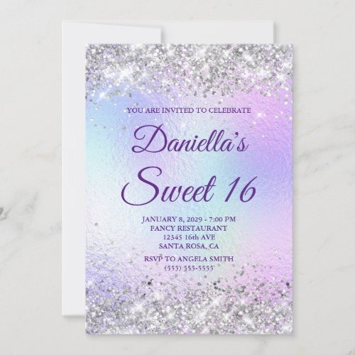 Silver Glitter Shiny Iridescent Foil Sweet 16 Invitation