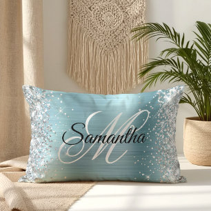 Silver Glitter Shiny Light Blue Foil Monogram Lumbar Pillow