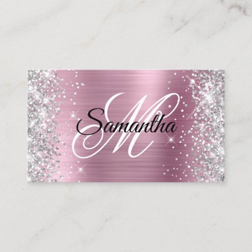 Silver Glitter Shiny Pink Foil Fancy Monogram Business Card