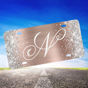 Silver Glitter Shiny Rose Gold Fancy Monogram License Plate