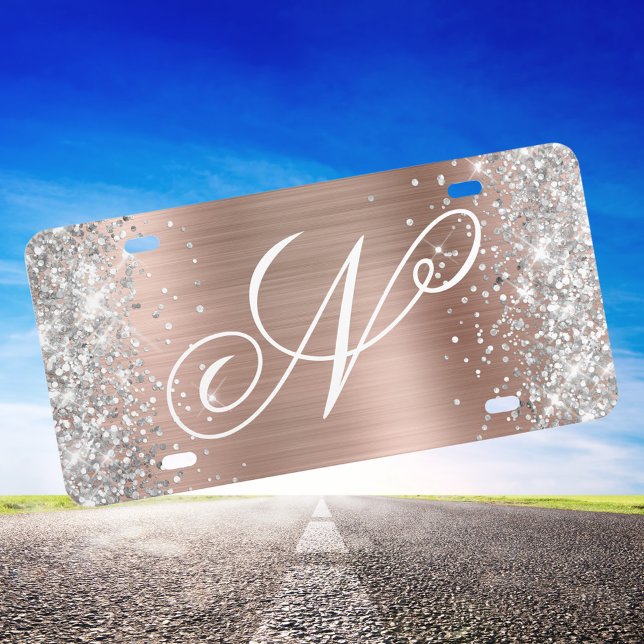 Silver Glitter Shiny Rose Gold Fancy Monogram License Plate (Silver Glitter and Rose Gold Monogrammed Decorative License Plate)