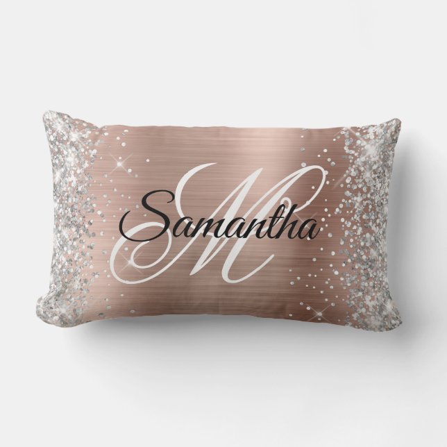 Silver Glitter Shiny Rose Gold Foil Monogram Lumbar Pillow (Front)