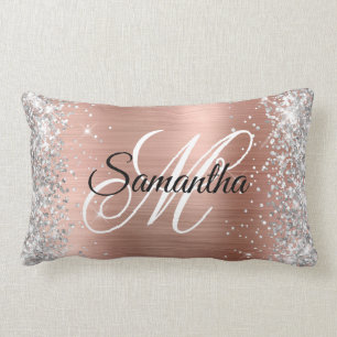 Silver Glitter Shiny Rose Gold Foil Monogram Lumbar Pillow