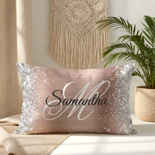 Silver Glitter Shiny Rose Gold Foil Monogram Lumbar Pillow