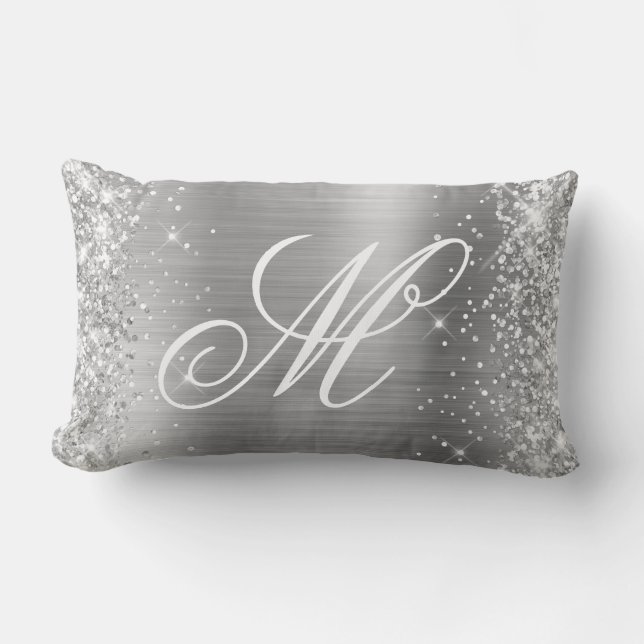 Silver Glitter Shiny Satin Foil Fancy Monogrammed Lumbar Pillow (Front)