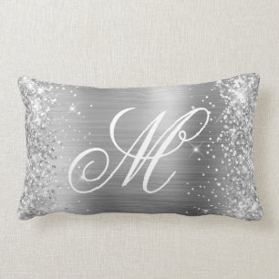 Silver Glitter Shiny Satin Foil Fancy Monogrammed Lumbar Pillow