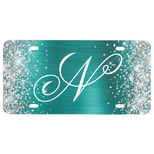 Silver Glitter Shiny Teal Fancy Monogram License Plate (Front)