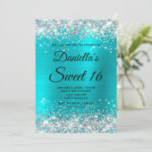 Silver Glitter Shiny Turquoise Blue Foil Sweet 16 Invitation (Standing Front)
