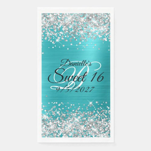 Silver Glitter Shiny Turquoise Blue Foil Sweet 16 Paper Guest Towels