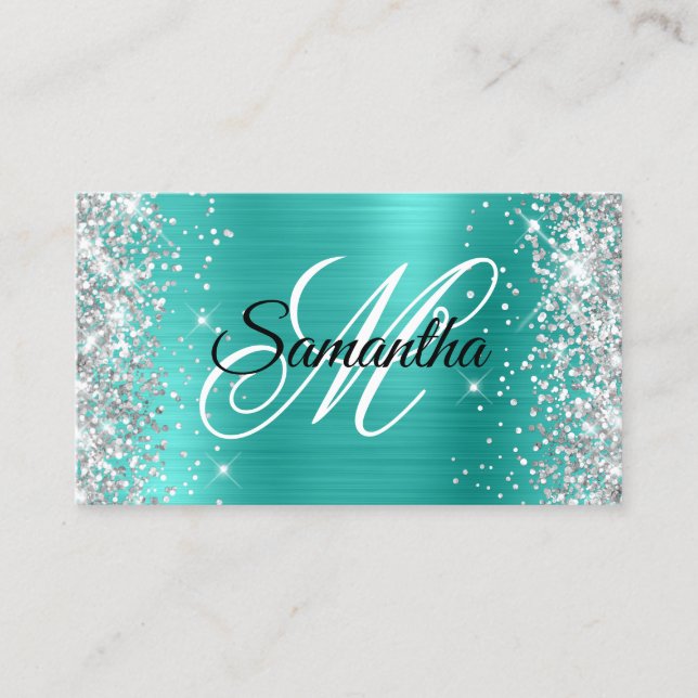 Silver Glitter Shiny Turquoise Foil Fancy Monogram Business Card (Front)