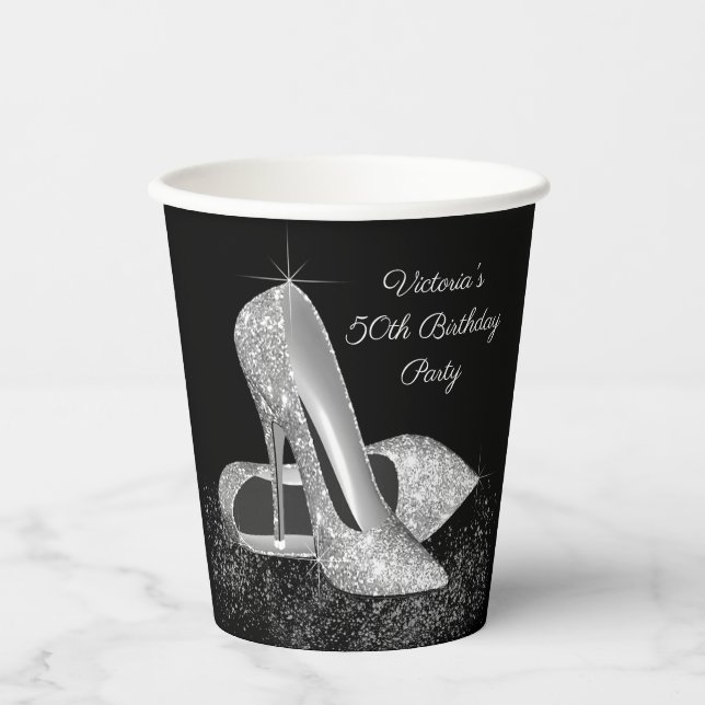 Silver Glitter Shoe Birthday Party Paper Cups (Front)
