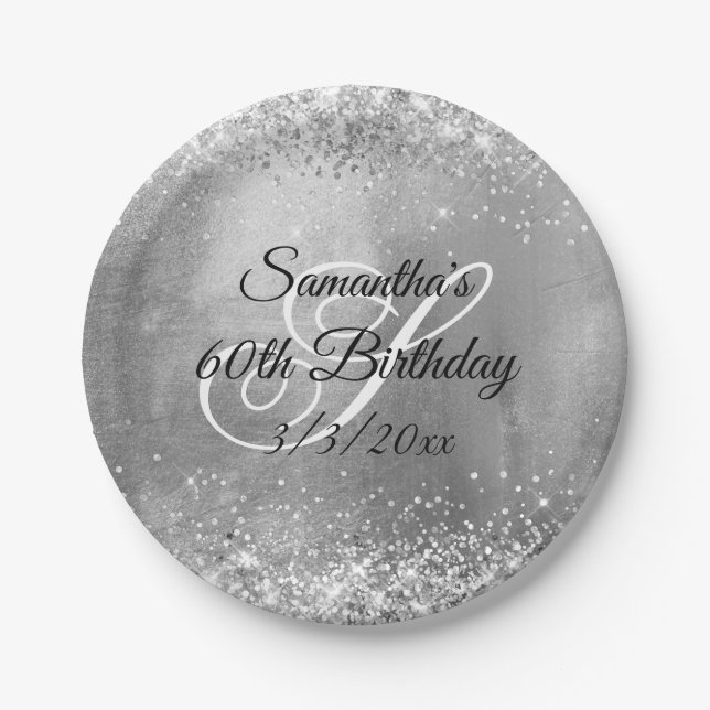 Silver Glitter Silver Foil 60th Birthday Paper Plates (Front)