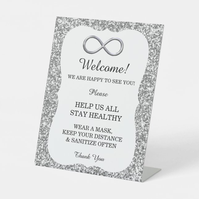 Silver Glitter Silver Infinity Wedding Safety  Pedestal Sign (Front)