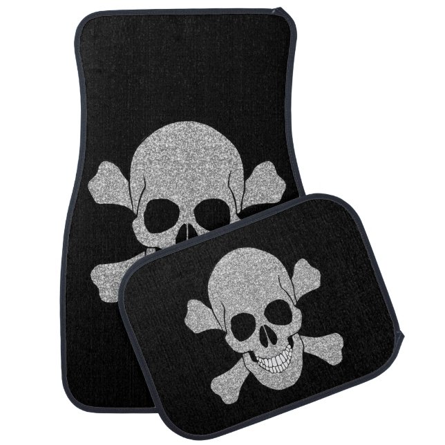 Silver Glitter Skull And Crossbones Car Floor Mat (Set)