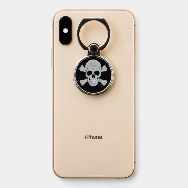 Silver Glitter Skull And Crossbones Phone Ring Stand (On Phone)