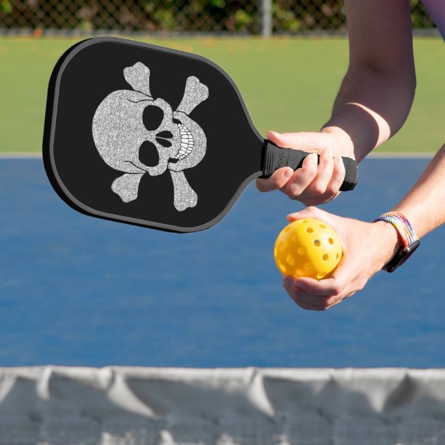 Silver Glitter Skull And Crossbones Pickleball Paddle (Insitu)
