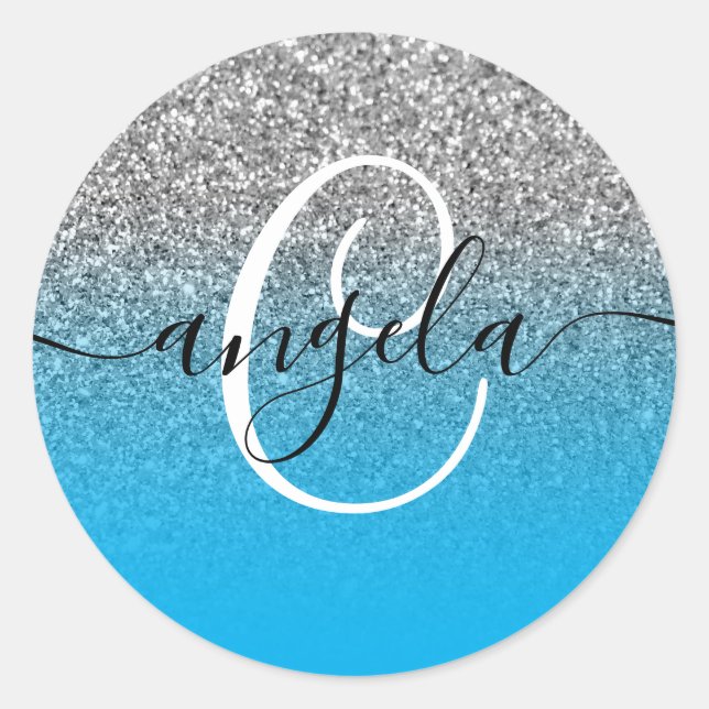 Silver Glitter Sky Blue Ombre Monogrammed Classic Round Sticker (Front)