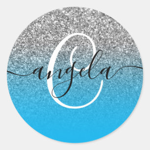 Silver Glitter Sky Blue Ombre Monogrammed Classic Round Sticker