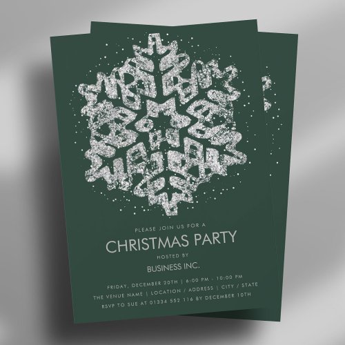 Silver Glitter Snowflake Christmas Party Green  Invitation