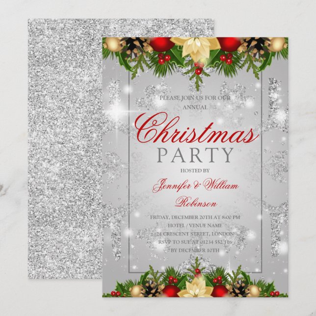 Silver Glitter Snowflake Festive Xmas Holiday  Invitation (Front/Back)