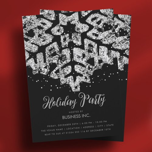 Silver Glitter Snowflake Holiday Party Black Invitation
